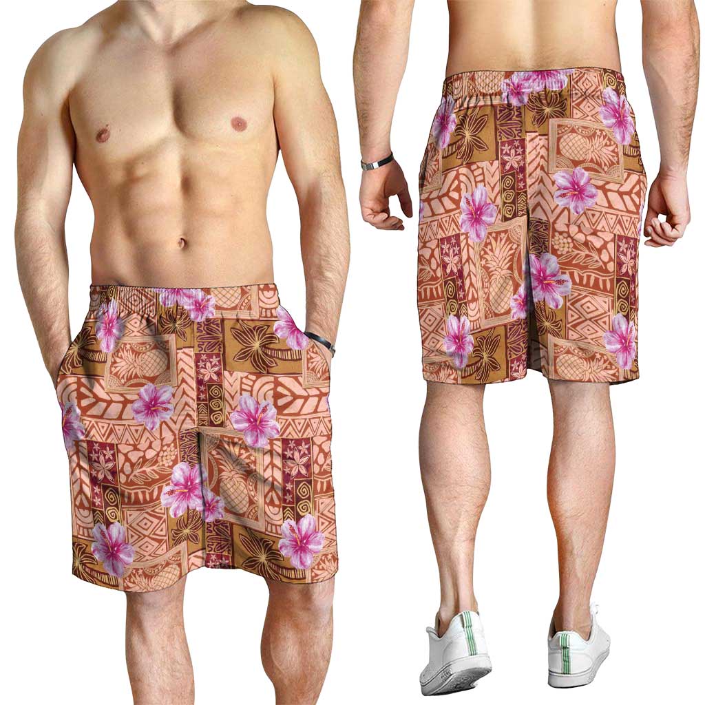Orange Hawaii Hibiscus With Tropical Flowers Motifs Shorts for Men - Polynesian Pride