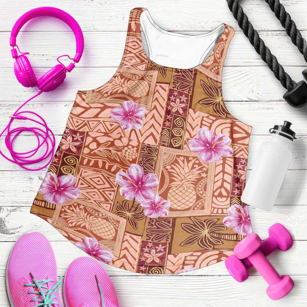 Orange Hawaii Hibiscus With Tropical Flowers Motifs Women Racerback Tank - Polynesian Pride