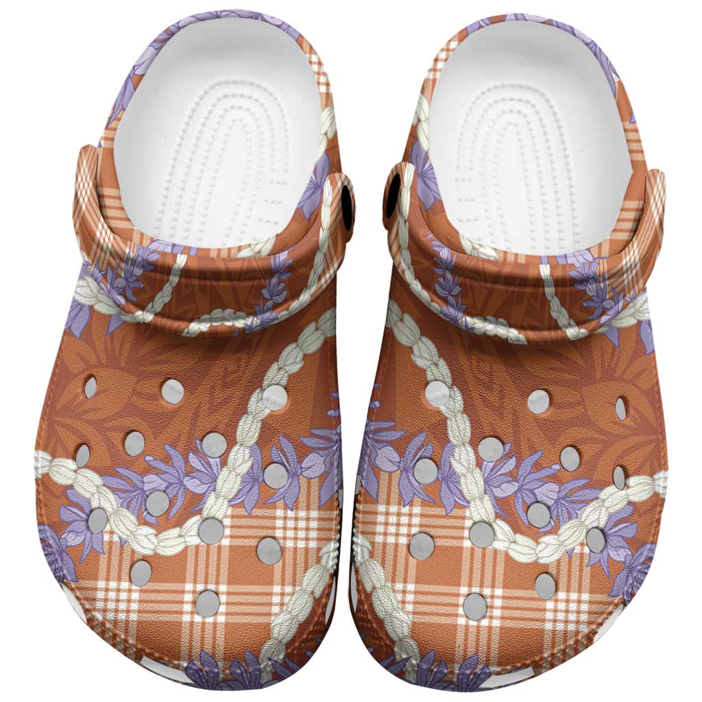 Orange Hawaii Palaka Honohono Pikake Clogs Shoes Hawaiian Orchid Lei Polynesian Pattern - Polynesian Pride