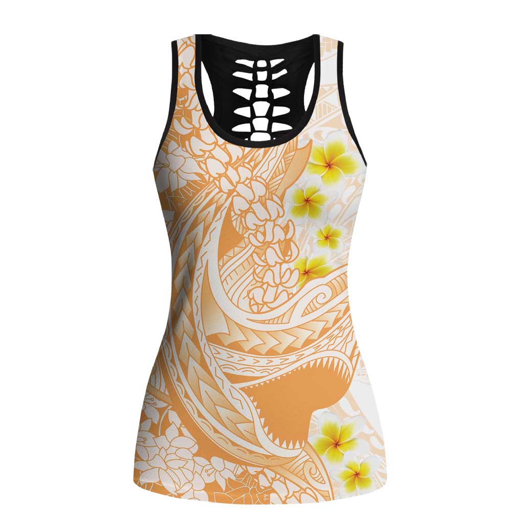 Orange Hawaii Shark Tattoo Hollow Tank Top Puakenikeni Lei Plumeria Polynesian Pattern LT14 Female Orange - Polynesian Pride