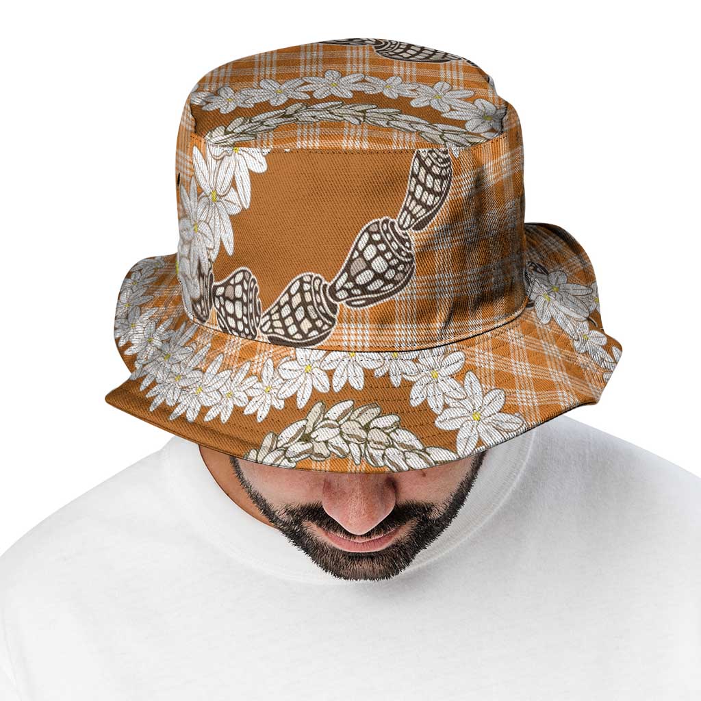 Orange Hawaii Tiare and Shell Lei Bucket Hat Hawaiian Palaka Luxury Vibes - Polynesian Pride