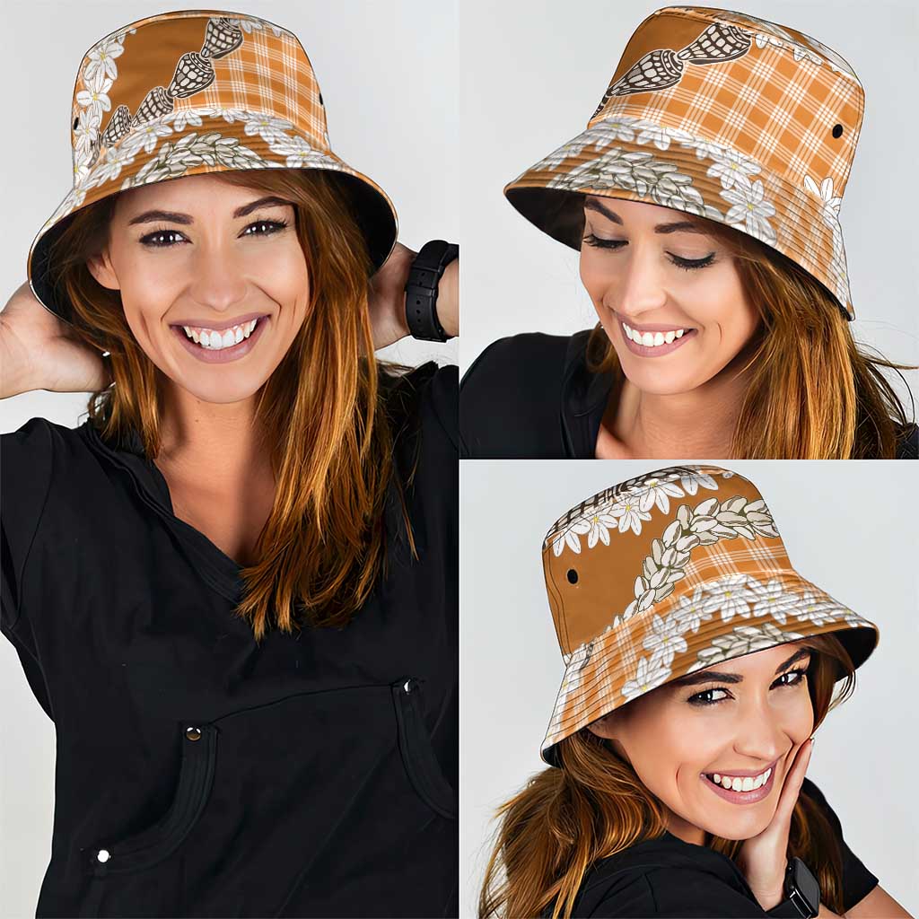 Orange Hawaii Tiare and Shell Lei Bucket Hat Hawaiian Palaka Luxury Vibes - Polynesian Pride