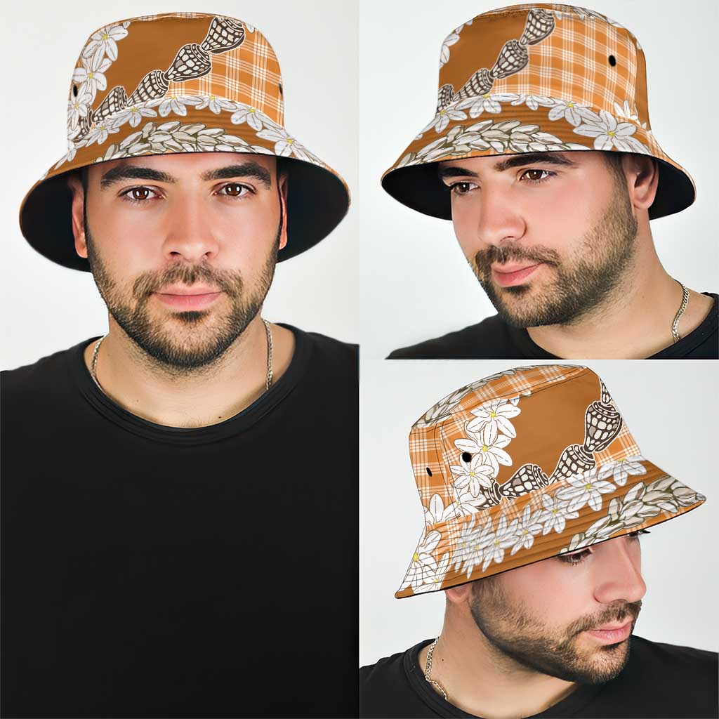 Orange Hawaii Tiare and Shell Lei Bucket Hat Hawaiian Palaka Luxury Vibes - Polynesian Pride