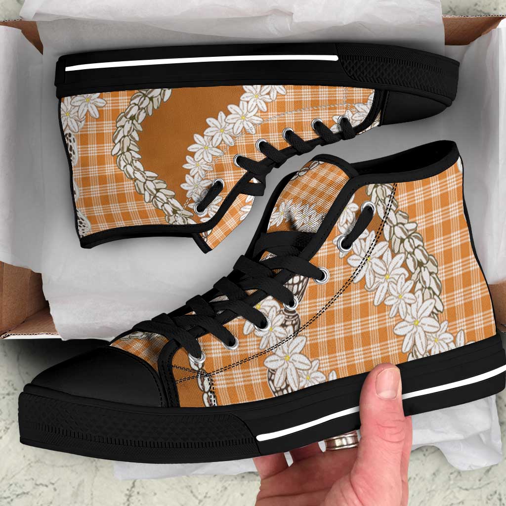 Orange Hawaii Tiare and Shell Lei High Top Shoes Hawaiian Palaka Luxury Vibes - Polynesian Pride