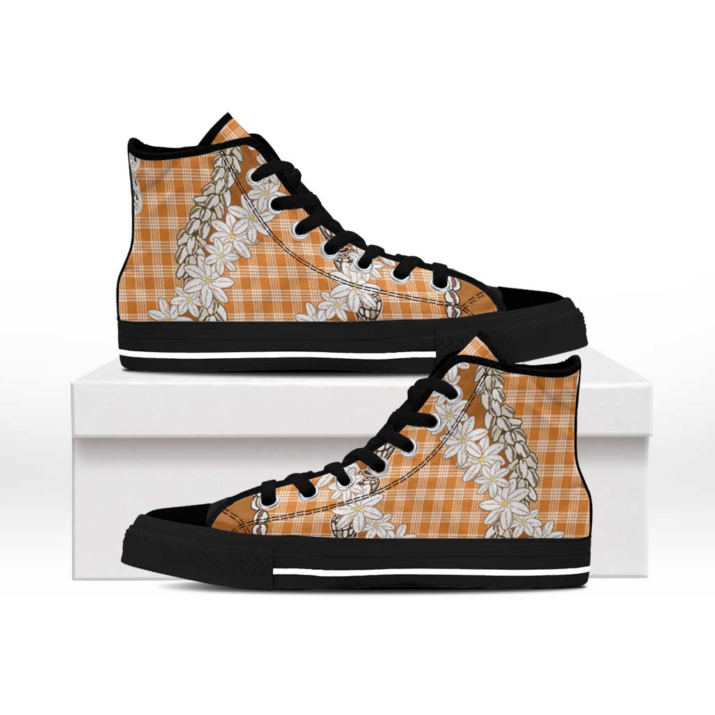 Orange Hawaii Tiare and Shell Lei High Top Shoes Hawaiian Palaka Luxury Vibes - Polynesian Pride