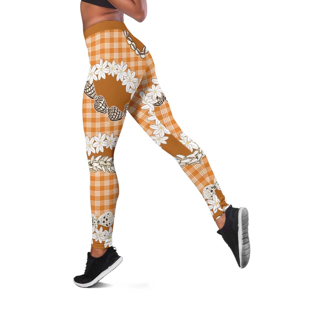 Orange Hawaii Tiare and Shell Lei Leggings Hawaiian Palaka Luxury Vibes - Polynesian Pride