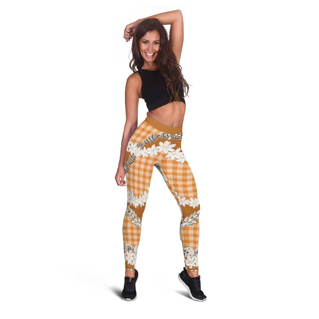 Orange Hawaii Tiare and Shell Lei Leggings Hawaiian Palaka Luxury Vibes - Polynesian Pride