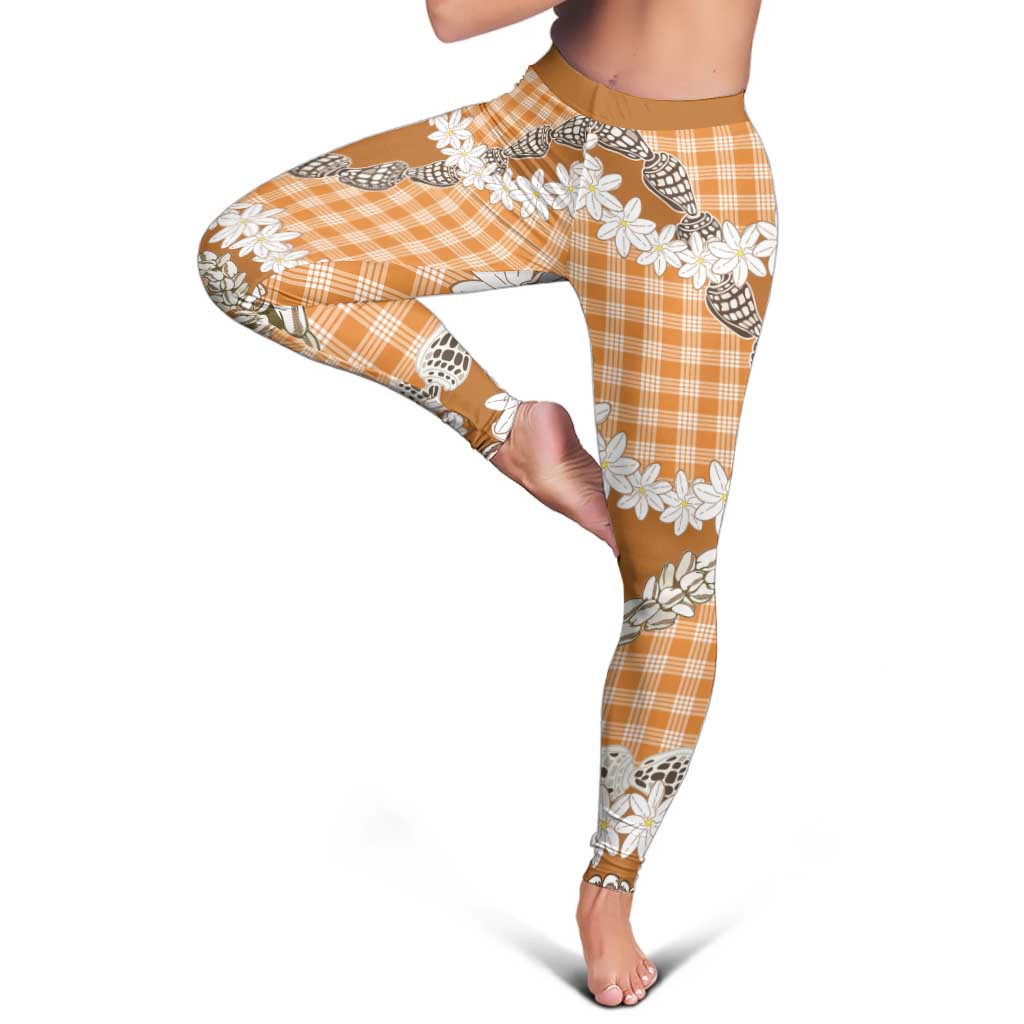 Orange Hawaii Tiare and Shell Lei Leggings Hawaiian Palaka Luxury Vibes - Polynesian Pride