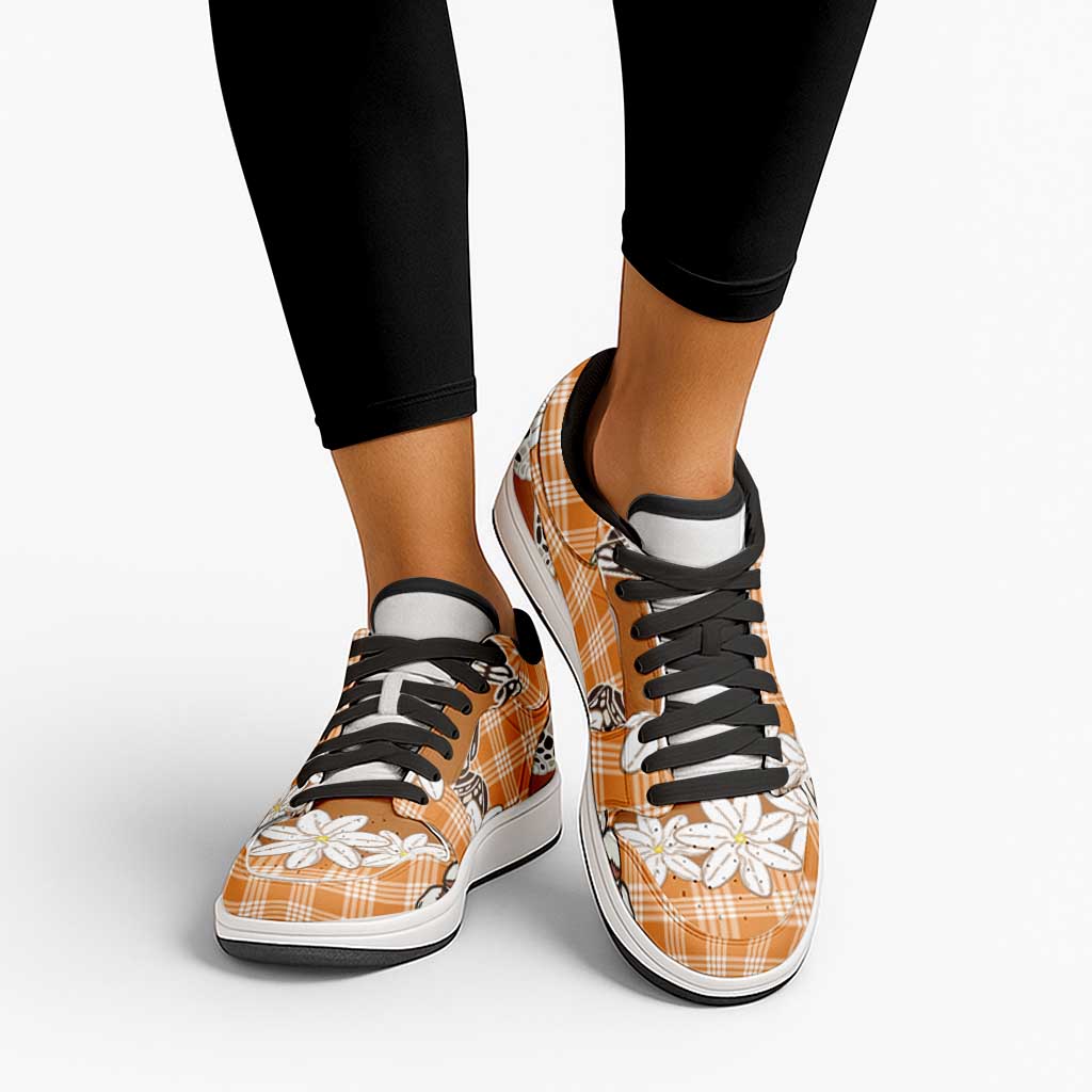 Orange Hawaii Tiare and Shell Lei Low Sneakers Hawaiian Palaka Luxury Vibes - Polynesian Pride