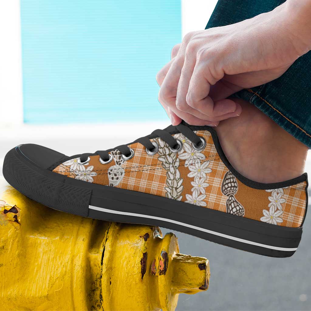 Orange Hawaii Tiare and Shell Lei Low Top Shoes Hawaiian Palaka Luxury Vibes - Polynesian Pride