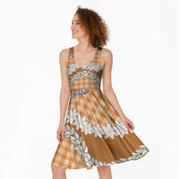 Orange Hawaii Tiare and Shell Lei Midi Dress Hawaiian Palaka Luxury Vibes - Polynesian Pride