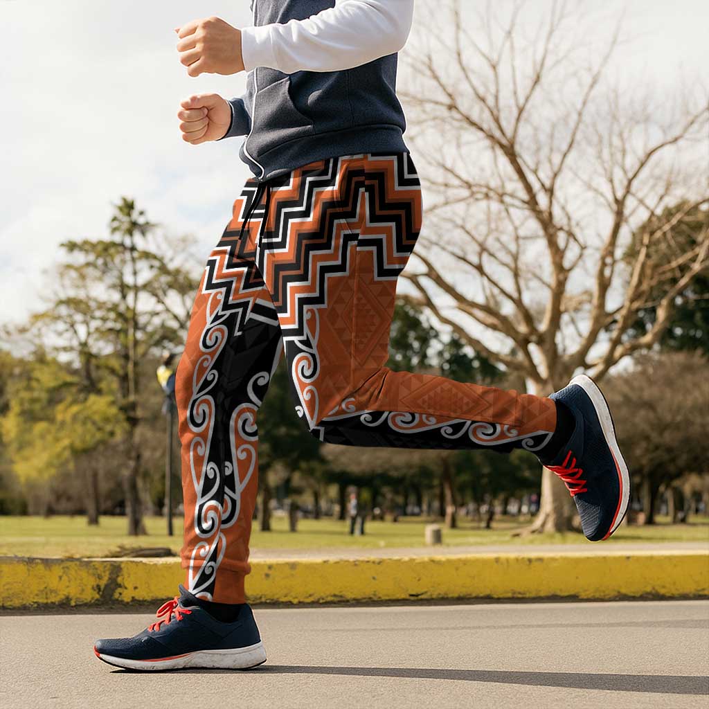 Orange Niho Taniwha Mix Poutama Jogger Pants Unique Taniko Aotearoa LT01 - Polynesian Pride