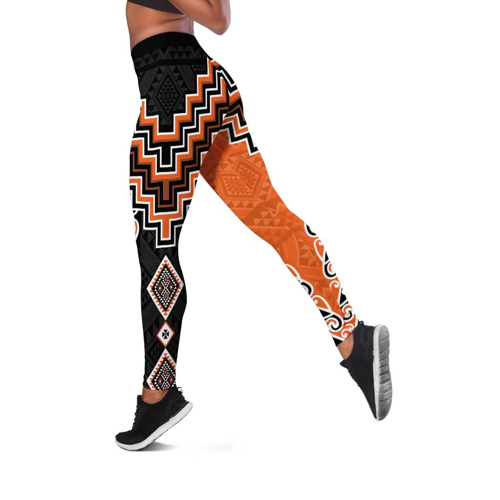 Orange Niho Taniwha Mix Poutama Leggings Unique Taniko Aotearoa - Polynesian Pride