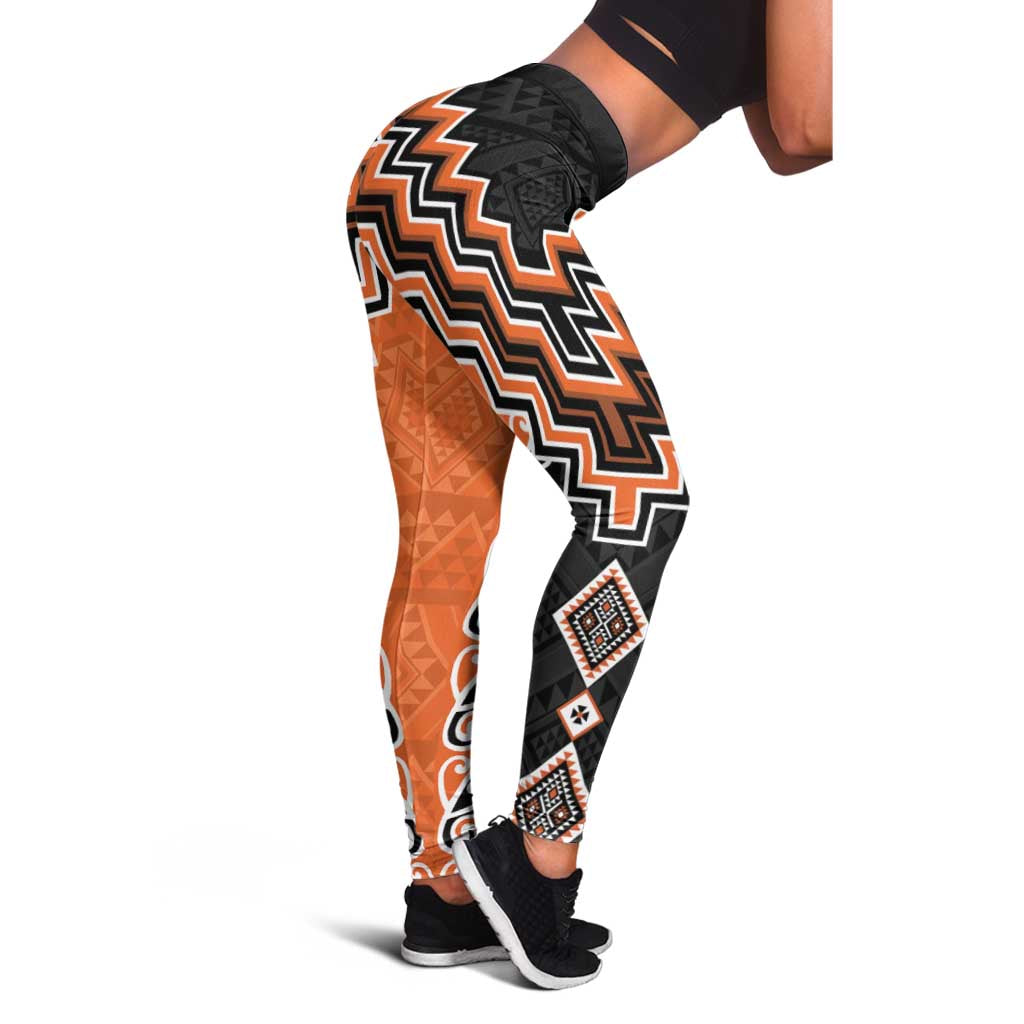 Orange Niho Taniwha Mix Poutama Leggings Unique Taniko Aotearoa - Polynesian Pride