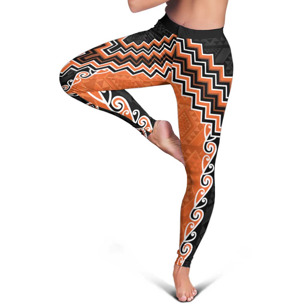 Orange Niho Taniwha Mix Poutama Leggings Unique Taniko Aotearoa - Polynesian Pride