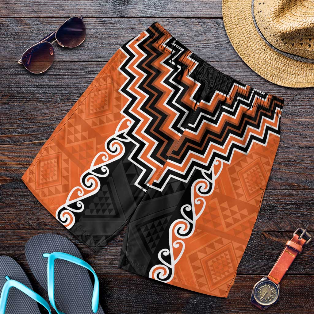 Orange Niho Taniwha Mix Poutama Shorts for Men Unique Taniko Aotearoa - Polynesian Pride