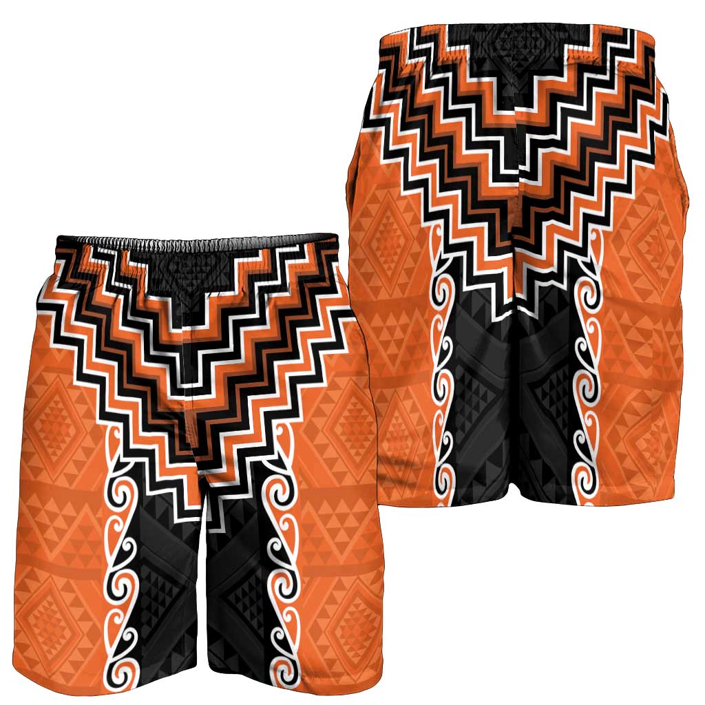 Orange Niho Taniwha Mix Poutama Shorts for Men Unique Taniko Aotearoa - Polynesian Pride