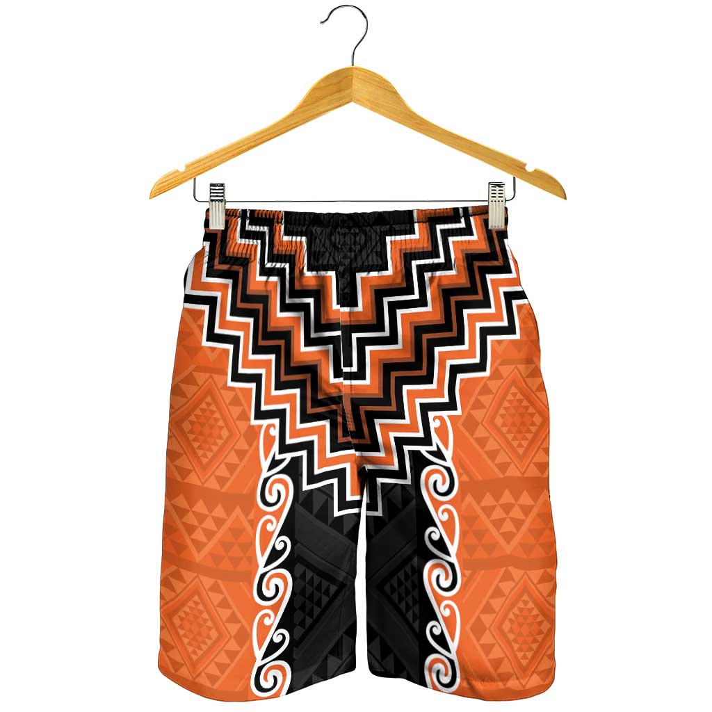 Orange Niho Taniwha Mix Poutama Shorts for Men Unique Taniko Aotearoa - Polynesian Pride