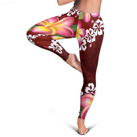 Oxblood Polynesia Leggings Plumeria With Hibiscus Pattern Tropical Vibes - Polynesian Pride