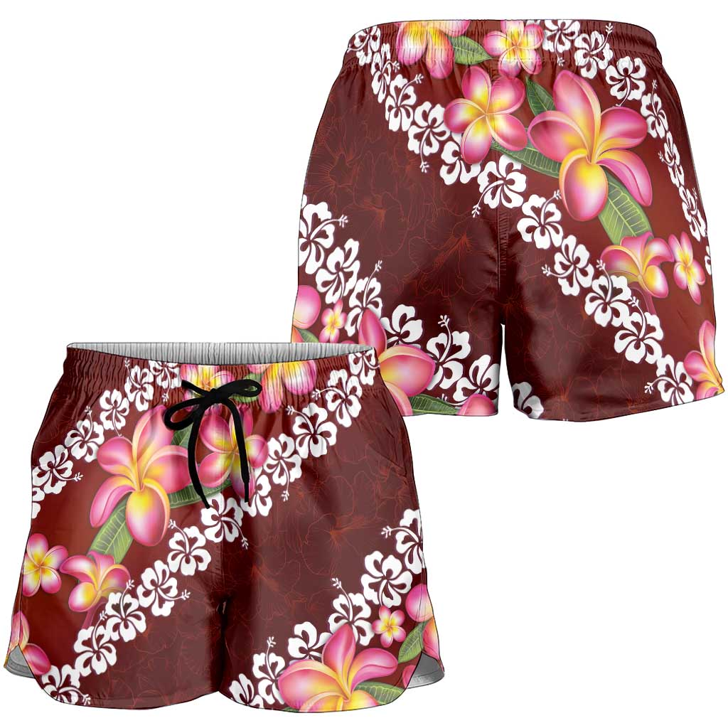 Oxblood Polynesia Shorts for Women Plumeria With Hibiscus Pattern Tropical Vibes - Polynesian Pride