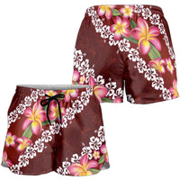 Oxblood Polynesia Shorts for Women Plumeria With Hibiscus Pattern Tropical Vibes - Polynesian Pride