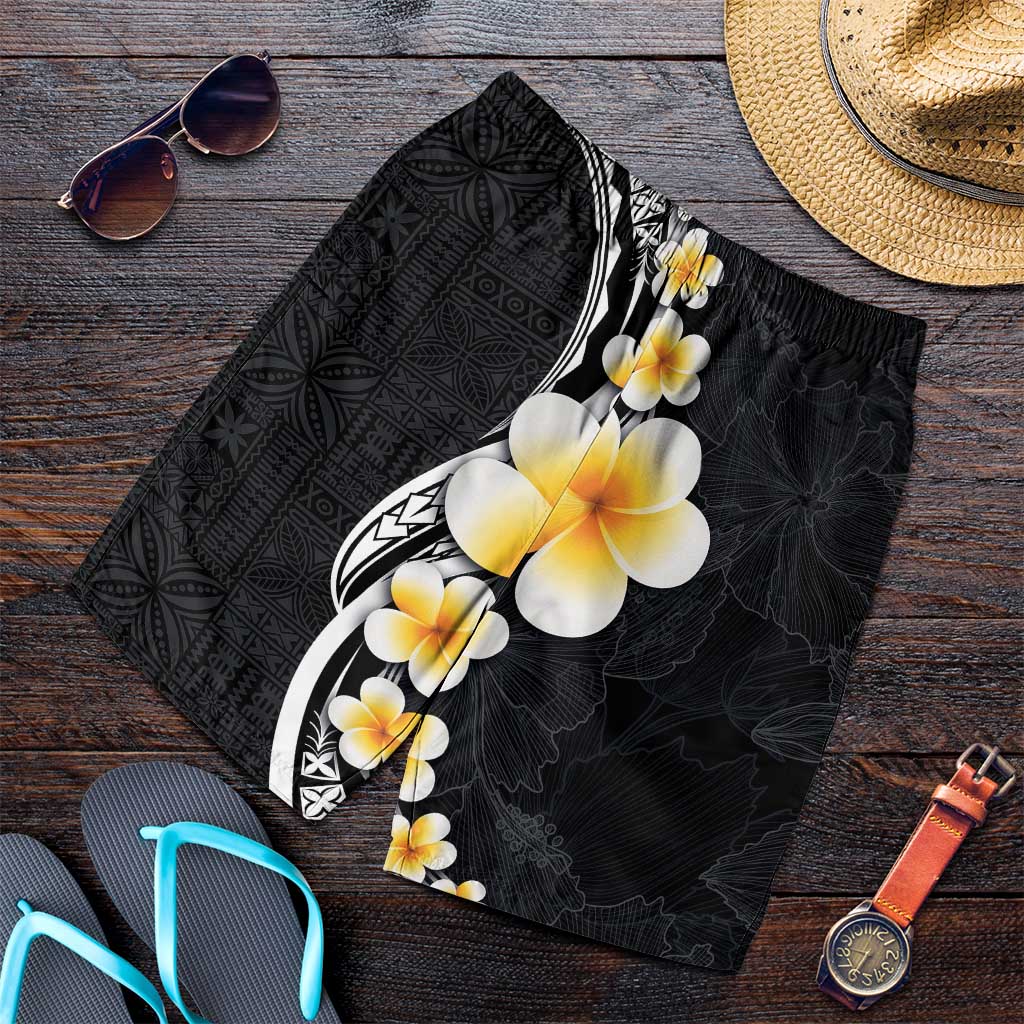Pacific Hibiscus and Plumeria Tapa Pattern Shorts for Men Black Color - Polynesian Pride