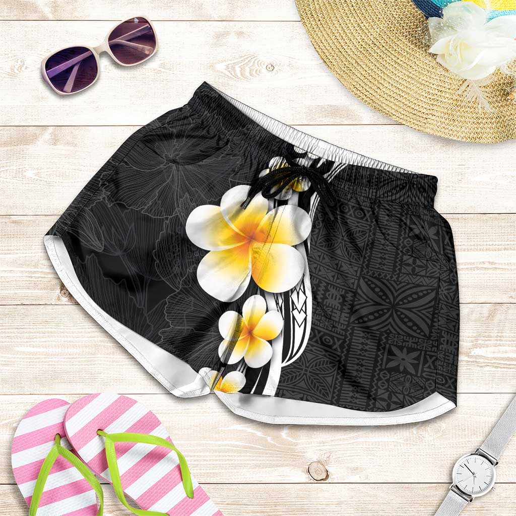 Pacific Hibiscus and Plumeria Tapa Pattern Shorts for Women Black Color - Polynesian Pride