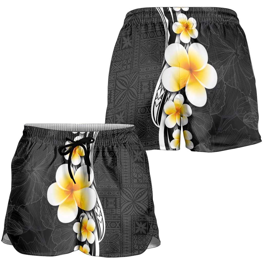 Pacific Hibiscus and Plumeria Tapa Pattern Shorts for Women Black Color LT03 - Polynesian Pride