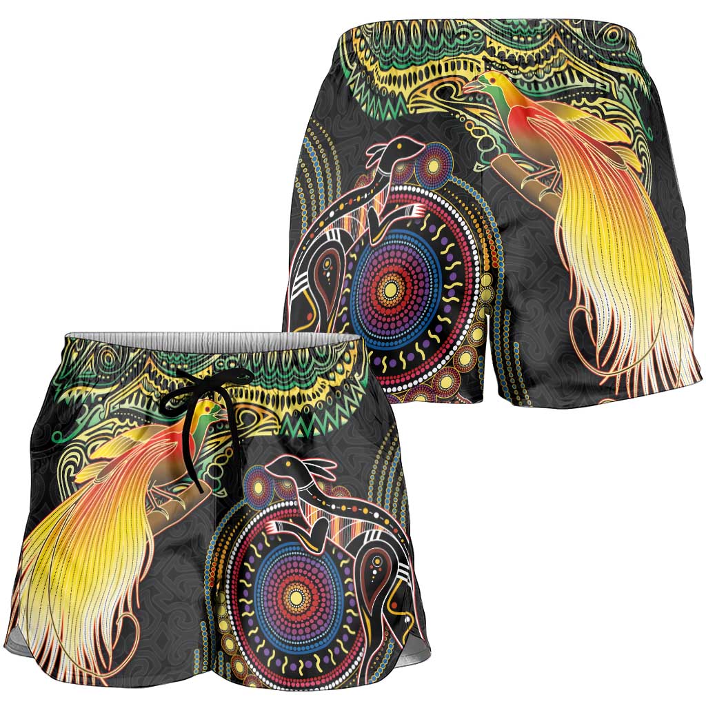 Papua New Guinea and Australia Together Shorts for Women Bird of Paradise and Kangaroo Melanesian Aboriginal Motifs - Polynesian Pride