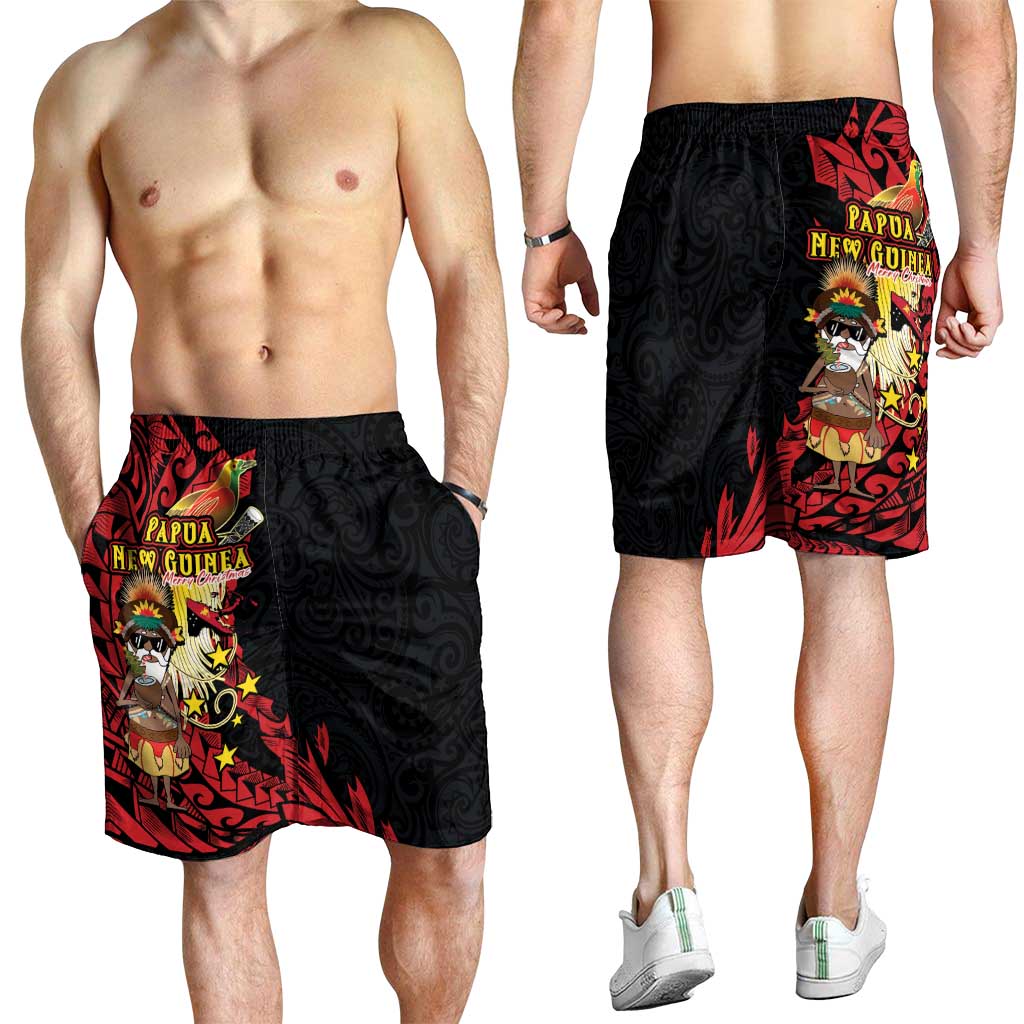 Papua New Guinea Christmas Shorts for Men Funny Melanesian Santa with Bird-of-paradise Tribal Style - Polynesian Pride