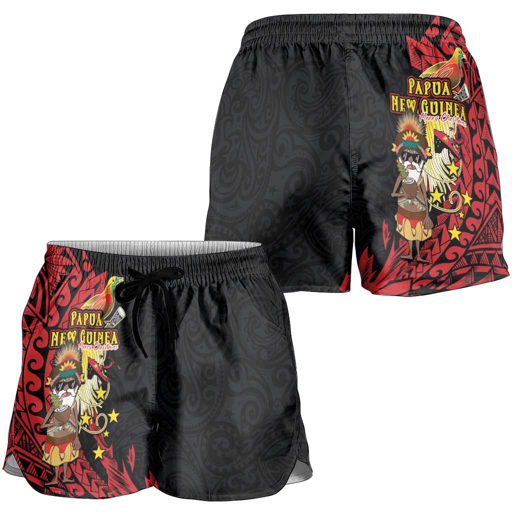 Papua New Guinea Christmas Shorts for Women Funny Melanesian Santa with Bird-of-paradise Tribal Style - Polynesian Pride