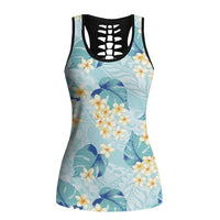 Pastel Cyan Tropical Hawaii Hollow Tank Top Seamless Monstera Plumeria Hawaiian Pattern - Polynesian Pride