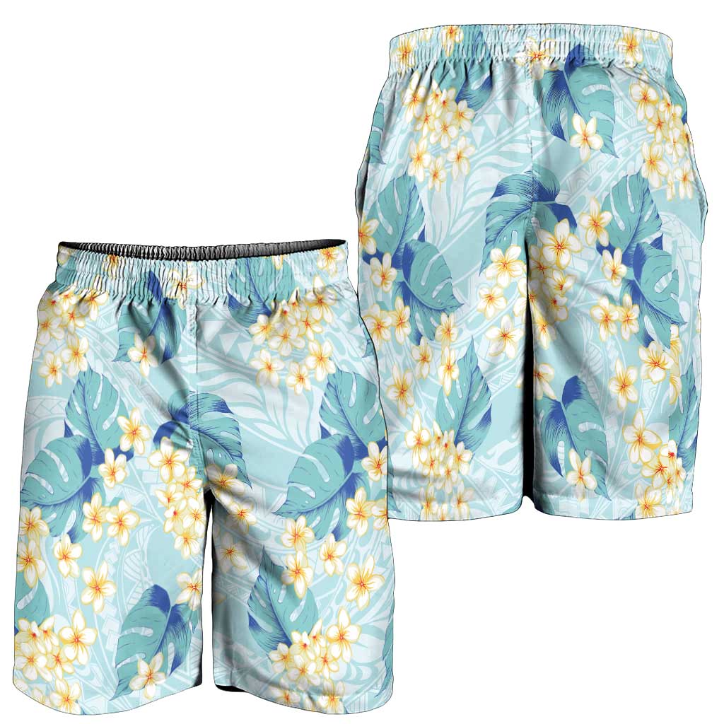 Pastel Cyan Tropical Hawaii Shorts for Men Seamless Monstera Plumeria Hawaiian Pattern - Polynesian Pride