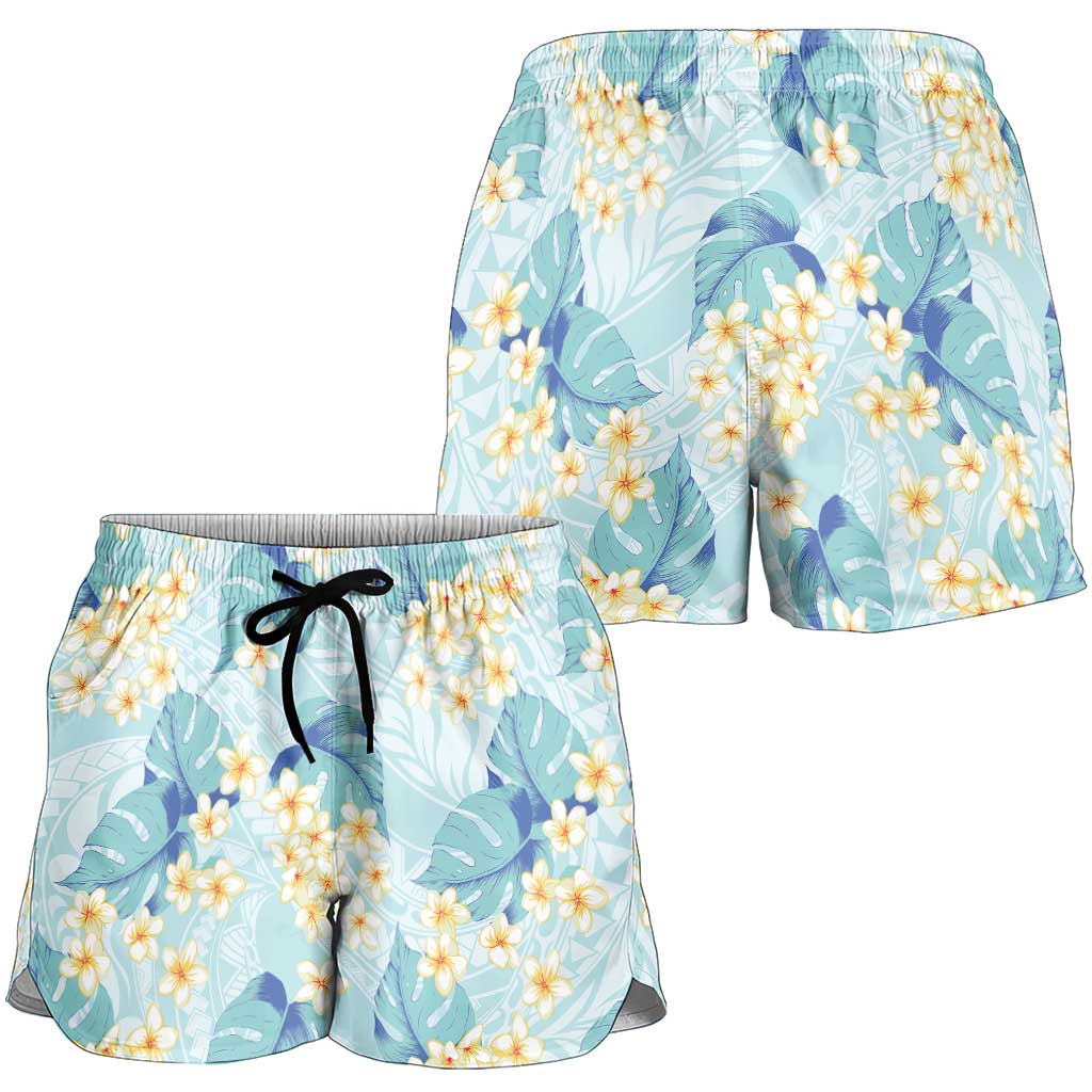 Pastel Cyan Tropical Hawaii Shorts for Women Seamless Monstera Plumeria Hawaiian Pattern - Polynesian Pride