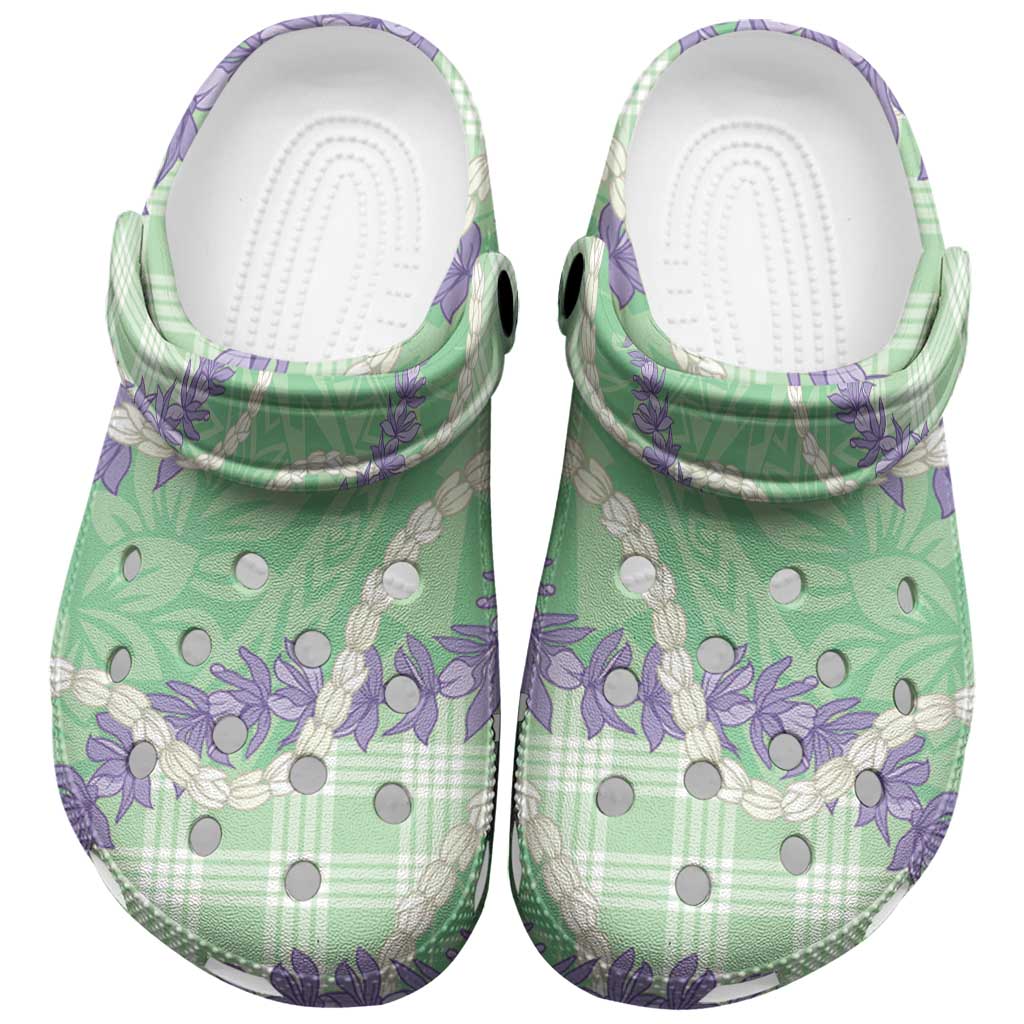 Pastel Green Hawaii Palaka Honohono Pikake Clogs Shoes Hawaiian Orchid Lei Polynesian Pattern - Polynesian Pride
