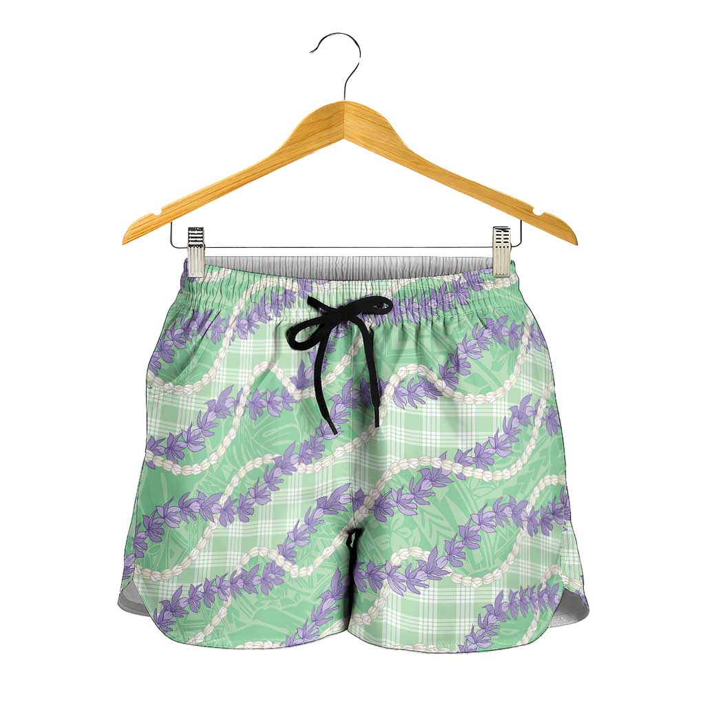 Pastel Green Hawaii Palaka Honohono Pikake Shorts for Women Hawaiian Orchid Lei Polynesian Pattern - Polynesian Pride