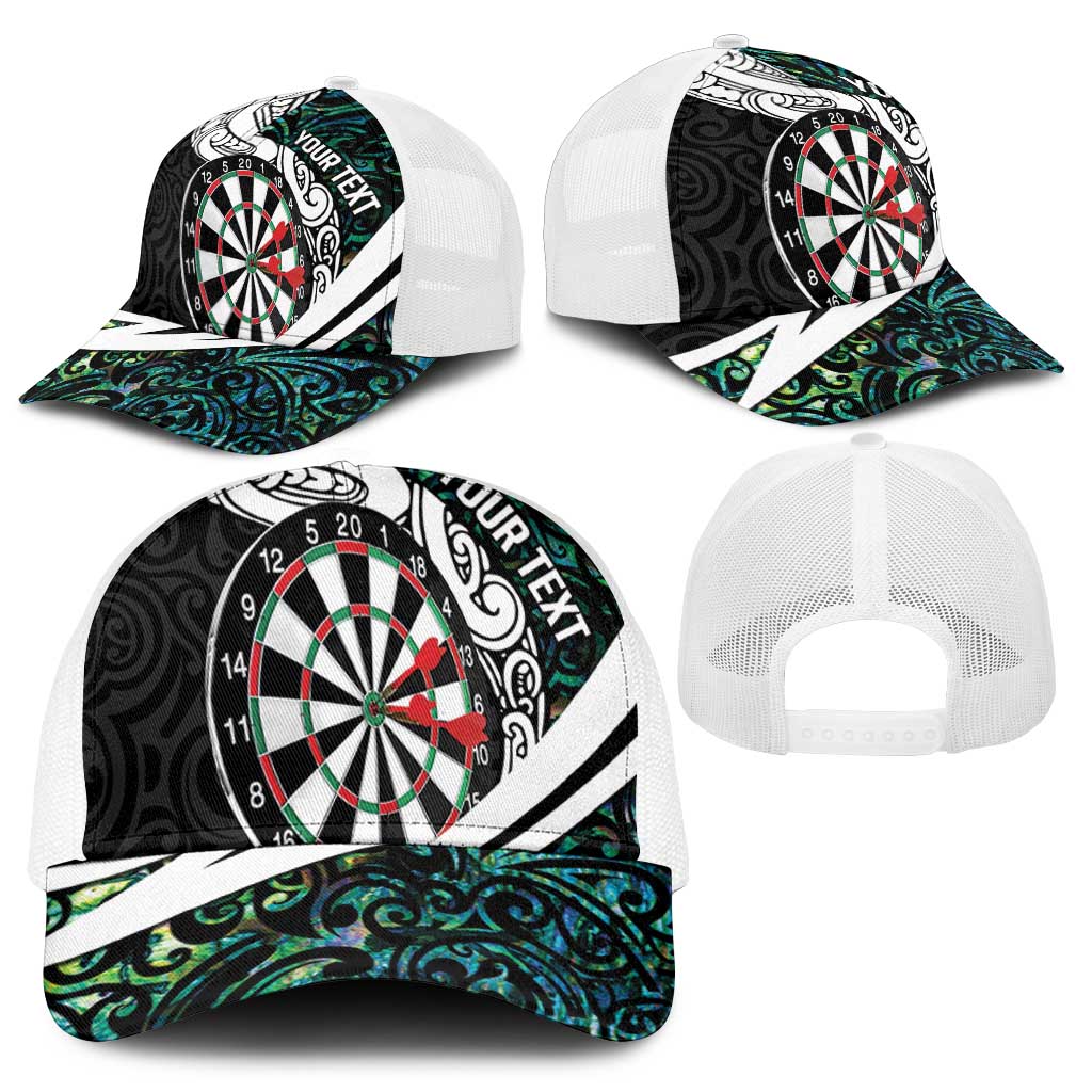 Personalized NZ Darts Baseball Net Cap Paua Shell Maori Koru Whakairo - Polynesian Pride
