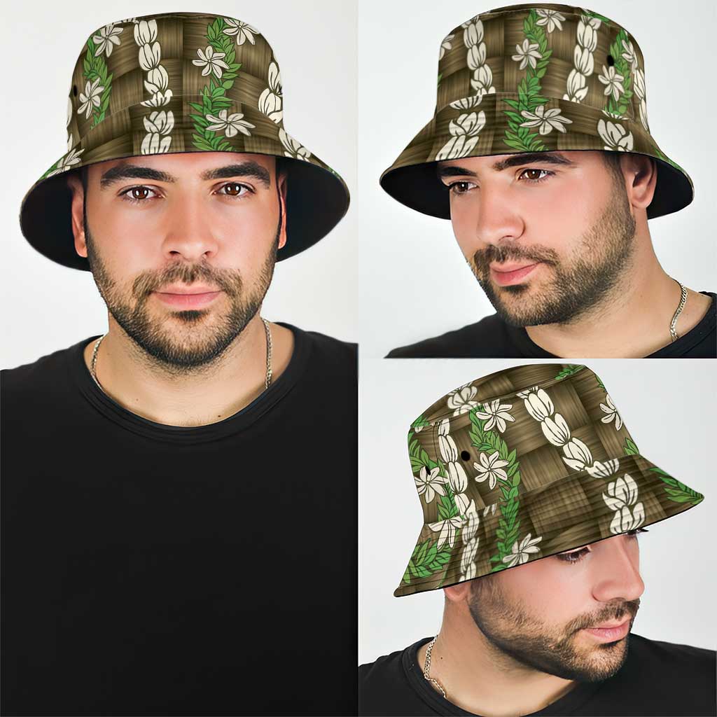 Pikake Maile Tiare Lei Bucket Hat Natural Lauhala Pattern
