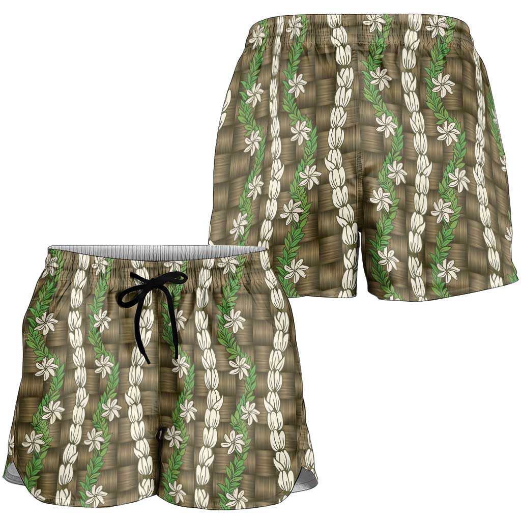Pikake Maile Tiare Lei Shorts for Women Natural Lauhala Pattern