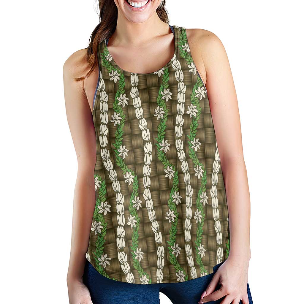 Pikake Maile Tiare Lei Women Racerback Tank Natural Lauhala Pattern