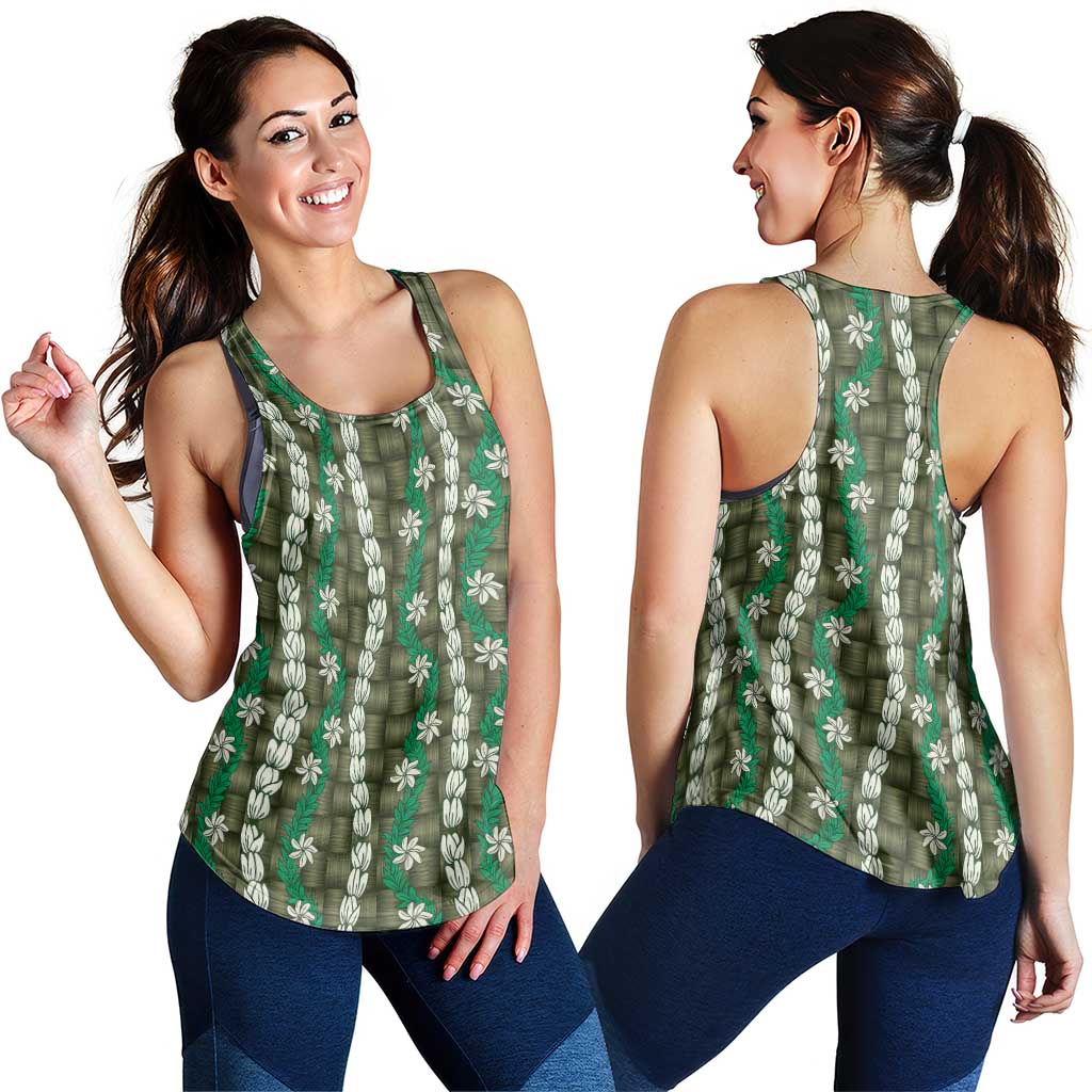 Pikake Maile Tiare Lei Women Racerback Tank Omaomao Lauhala Pattern