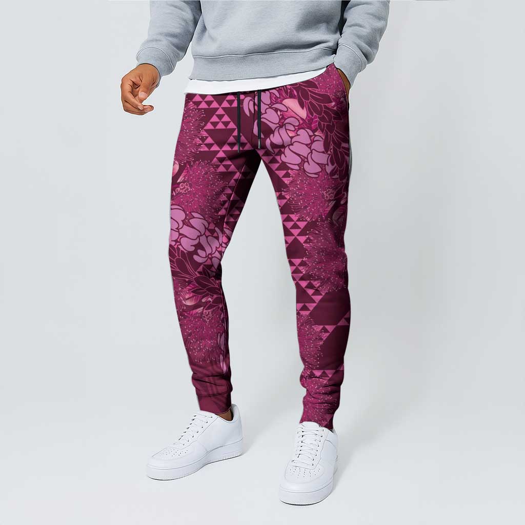 Pink Aloha Hawaii Jogger Pants Hawaiian Kakau Ohia Lehua Lei - Polynesian Pride