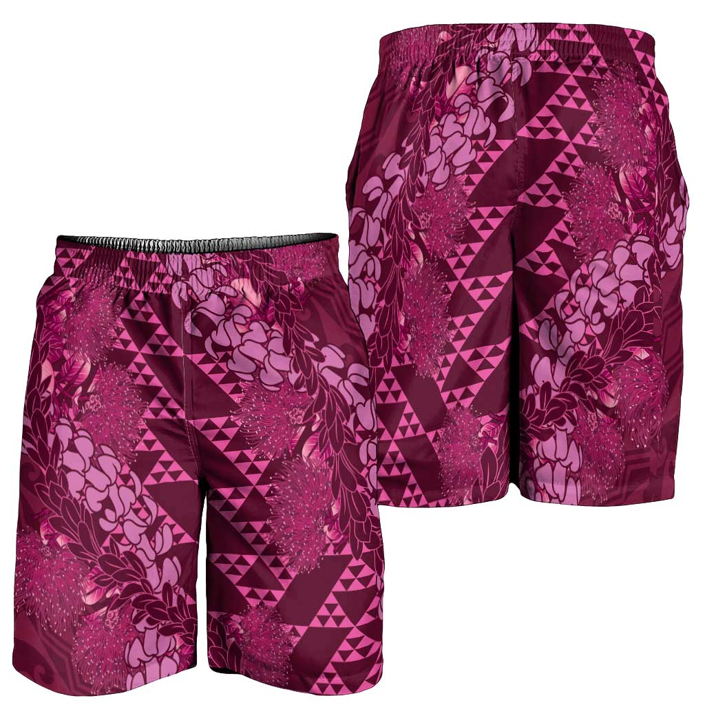 Pink Aloha Hawaii Shorts for Men Hawaiian Kakau Ohia Lehua Lei - Polynesian Pride