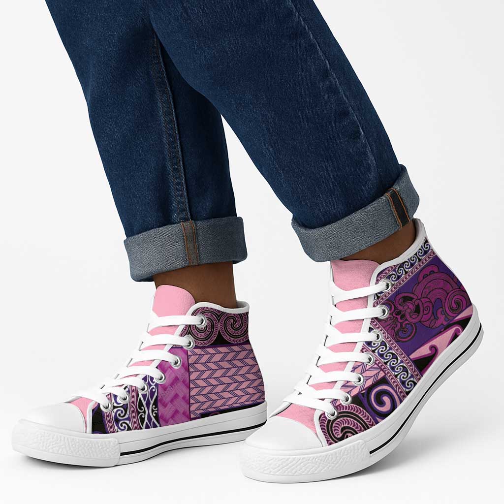 Pink Aotearoa Kowhaiwhai Pattern High Top Shoes NZ Maori Quilt Style - Polynesian Pride