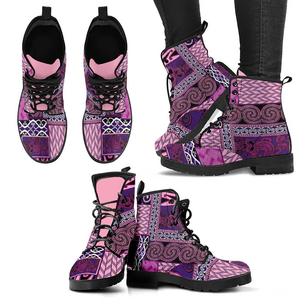 Pink Aotearoa Kowhaiwhai Pattern Leather Boots NZ Maori Quilt Style - Polynesian Pride