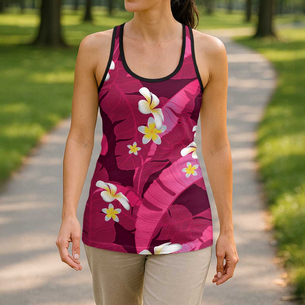 Pink Banana Leaf Hawaii Hollow Tank Top Lau Maia Plumeria Tropical Summer Vibes