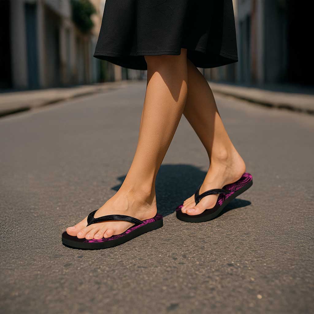 Pink Black Aloha Hawaii Flip Flops Polynesian Shark Tattoo With Plumeria - Polynesian Pride