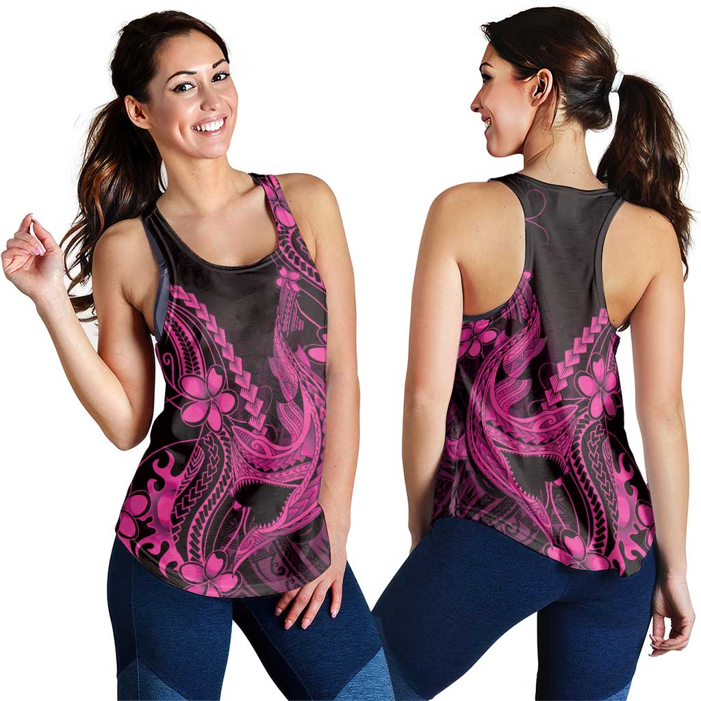 Pink Black Aloha Hawaii Women Racerback Tank Polynesian Shark Tattoo With Plumeria - Polynesian Pride