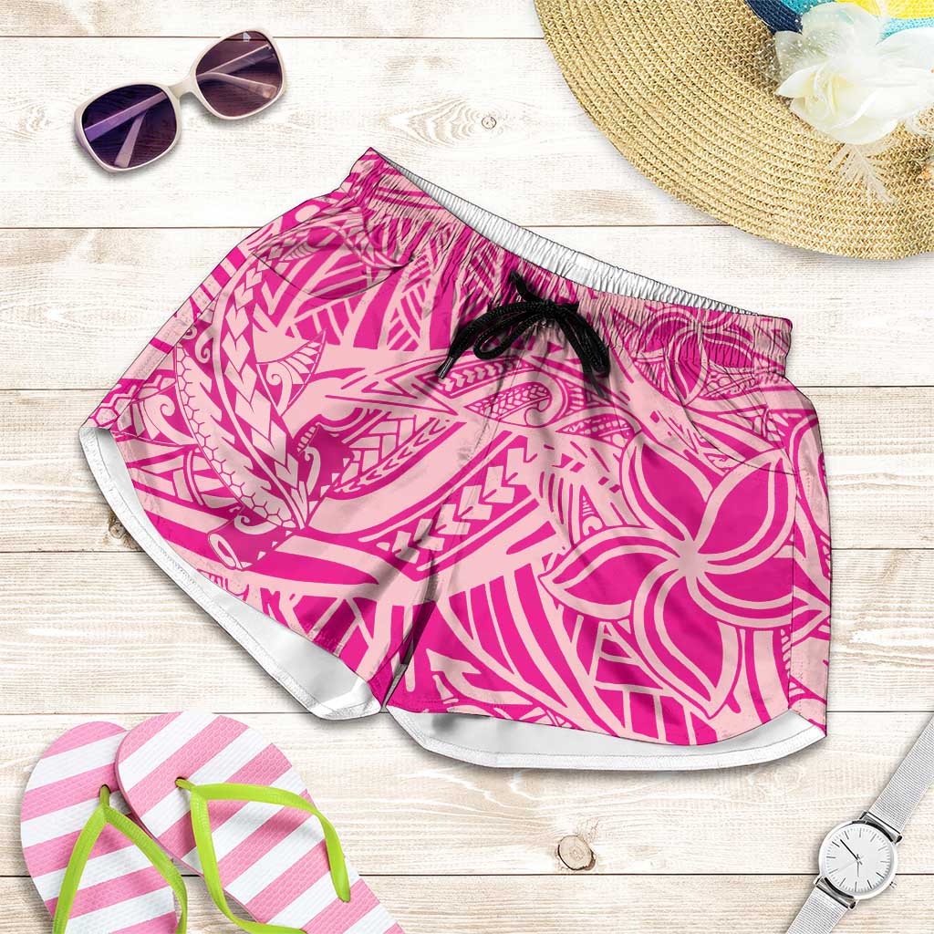 Pink Gradient Polynesia Shorts for Women Hawaiian Tribal Hammerhead Shark Tattoo - Polynesian Pride