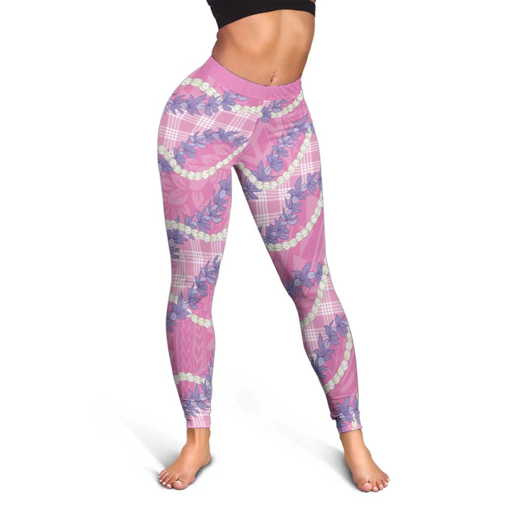 Pink Hawaii Palaka Honohono Pikake Leggings Hawaiian Orchid Lei Polynesian Pattern - Polynesian Pride